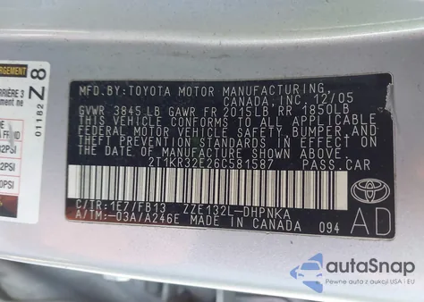 2006 Toyota Matrix Xr from USA, damaged, VIN 2T1KR32E26C581587